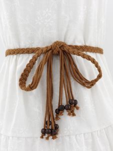 Handwoven Thin Belt for Women Decorative Dress Vintage Ethnic Beaded Knot Small Rope Waist Slimming PU Leather Simple Style