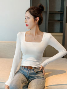 Slim Fit Long Sleeve T-Shirt Womens Low Neck Square Collar Base Shirt Fashionable Korean Style Commute Style Autumn Top