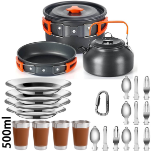 Lightweight Portable Camping Cookware Set - Foldable Pan Kettle Cups Spoon Fork Cutter for Picnic Hiking Tourist Cookware