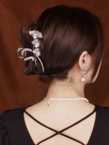 Sansheng with Apricot Rhinestone Barrettes Female Back Head Updo Hair Claw Large Size Shark Clip Bun Hair Ornament Fancy Tide