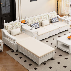 American Style White Solid Wood Sofa Combination Living Room Small Size Straight Row Storage Corner New Model 2025 Sofa