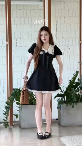 TW22815 ชุดเดรส แชนบอลลูน คอปกติดดอดกุหลาบ