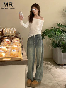กางเกงยีนส์ทรงหลวมเอวสูง กางเกงขายาวทรงตรง กางเกงขายาวทรงหลวมสำหรับผู้หญิง ฤดูใบไม้ร่วง 2025 กางเกงยีนส์ขาบานขึ้น