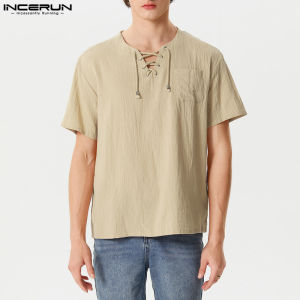 INCERUN Vintage Mens Lace Up Cotton Shirt Casual Short Sleeve Cargo T Shirt Blouse Tops (Casual Wear) #3