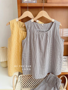 ชุดนอนผ้าฝ้ายลายสก็อตสไตล์ญี่ปุ่นสำหรับผู้หญิงในฤดูร้อน ชุดนอนแขนกุด กางเกงขาสั้น ชุดนอนสบาย ๆ ชุดนอนผ้าฝ้ายแท้