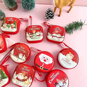 2pcs Cartoon Coin Purse Christmas Theme/Round Square Purse Xmas Party Gift Change Small Bag/Coin Purse with Zipper