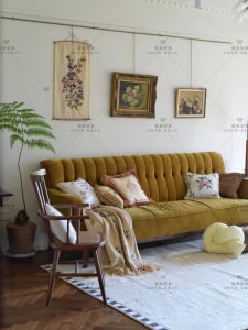 Retro Mustard Yellow Solid Wood Velvet Small Living Room Sofa Simple Luxury Armchair Homestay Hotel Mid-century Furniture