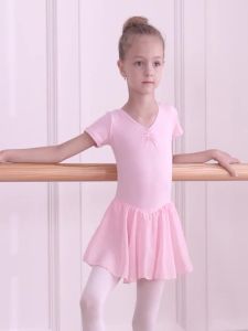 Girl Ballet Leotard with Chiffon Tulle Skirt Kids Bowknot Lyrical Dance Dress Short/Long Sleeve Bodysuit Back Bow Tie Dance Wear