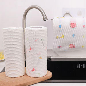 100ชิ้น/ม้วนผ้าขนหนูจานกลมผ้าใช้ในห้องครัวเนื้อหนาแบบใช้แล้วทิ้งใช้ซ้ำได้ผ้าแผ่นขัดถูไม่ทอสำหรับทำความสะอาดบ้าน