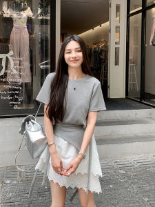 Summer Womens T-Shirt Asymmetrical Knot Waist-Cinching Short Sleeve French Style Unique Exquisite Top Korean Version Straight Cut