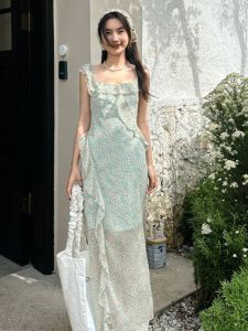 Sweet French Floral Lace Trim Halter Dress Fresh Vacation Gown Fairy Tale Skirt Pure Desire Style Bellsleeve Midi Summer Dress