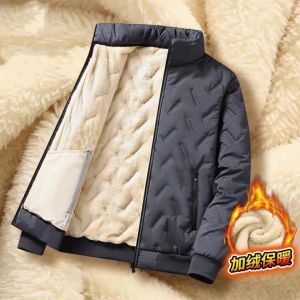 Mens Thickened Lamb Velvet Fleece Lined down Cotton Jacket Windproof Warm for Outdoor Work Youth Fashion Long Sleeve Coat