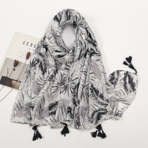 Large Size Fashion Scarf Womens Printed Tassel Trim Polyester Fiber Winter Warm Hat Belt And Scarf Set Sun Protection