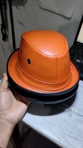 TOPI FEDORA PRIA KULIT SAPI ASLI MODEL TOMPI KOBOY WARNA ORANGE PKS