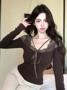 GUZILIAN | เสื้อชั้นในผู้หญิงแขนยาวทรงเข้ารูปสไตล์ฤดูใบไม้ร่วง/ฤดูหนาว ดีไซน์ใหม่ ผ้าลูกไม้ ดีไซน์เก๋ไก๋ สวมใส่สบาย เสื้อชั้นในสตรี