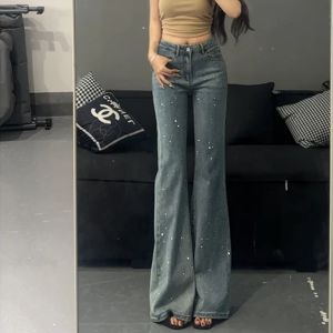 Heavy Duty Rhinestone High Waist Flared Jeans Womens Spring New Style Versatile Slimming Long Pants Blue Denim Casual Wear