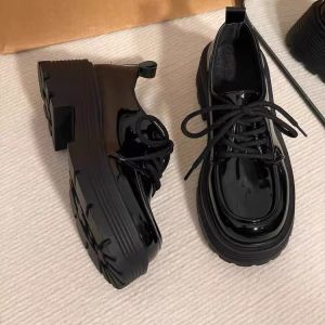 Black Thick Heel Shoelace Womens Shoes British Style Versatile Retro Heightening Japanese Style JK Shoes Daily Wear Fashionable