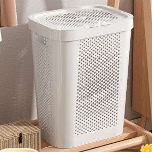 JustLiving ตะกร้าซักผ้าแบบบางพร้อมตะกร้าแขวนผ้าพลาสติกตะกร้าพร้อมที่จับตะกร้าผ้าที่มีช่องระบายความร้อนด้วยตะกร้าใส่ของติดบานพับสำหรับกับล้อห้องน้ำ