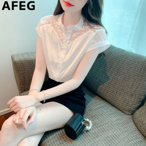 AFEG solid color Korean version crewneck fashion loose temperament real silk stitching lace short-sleeved blouse for women