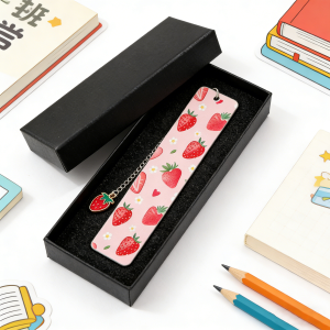 Bandai | Strawberry Pattern Metal Bookmark with Pendant "Just One More Page" Cute Page Marker for Book Lovers Girls Reading Supplies
