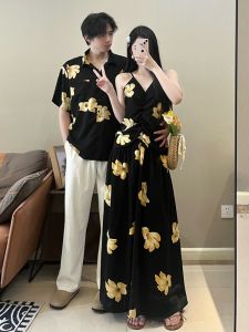 Couples Beach Vacation Floral Print Wrap Dress Summer Season High Waist Long Skirt A-Line Silhouette No-Sleeve V-Neck Polyester Fiber