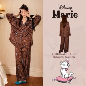 GONGDIE | Soft Ice Silk Cartoon Leopard Print Long Sleeve Spring Autumn Pajamas Home Clothes