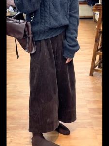 Womens Corduroy Wide Leg Pants High Waist Button Closure Loose Fit Brown Color Korean Style Casual Trousers Autumn New Arrival