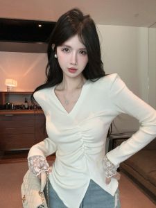 GUZILIAN | Pure Desire Spicy Girl V-neck Fishbone Top Women Autumn Winter Irregular Slit Flocking Lace Base Shirt Inner Wear Outerwear