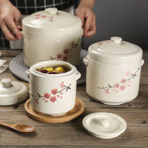 Ceramic Double Cover Water Separation Soup Bowl Large Size Retro Style round Shape Chinese Cuisine Suitable for Daily Use