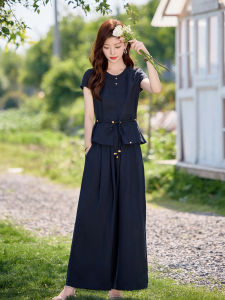 Fashionable Lazy Style Womens Summer New Korean High Waist Slimming Top Wide Leg Pants Two-Piece Set Elegant Trendy Outfit