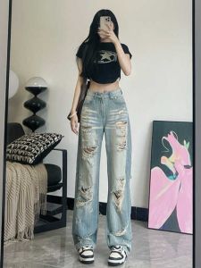 กางเกงยีนส์ทรงหลวมเอวสูงขาตรงผู้หญิง ทรงยาว ทรงหลวม ทรงหลวม กางเกงขายาวทรงเดนิมสีอ่อนสำหรับฤดูร้อน ความยาวปกติ