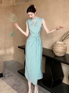 South Korea Chic New Chinese Style Improved Cheongsam Stylish Waist-Tight Silm Elegant Elegance Sleeveless Dress Women