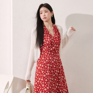 LANYU | Large Size French V-Neck Red Floral Halter Dress Set