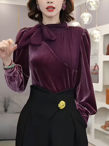 เสื้อเชิ้ตผ้ากำมะหยี่สีม่วงทรงสลิมฟิตสำหรับผู้หญิง ทรงหลวม แขนยาว ปกติ คอตั้ง ปกติ ไม่มีลาย ปกติ ไม่มีลาย