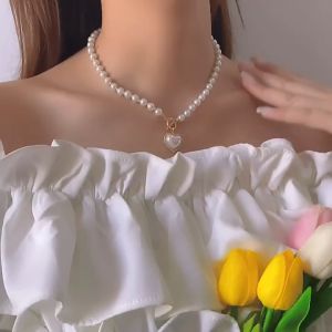 คอผู้หญิง MIMOON: เครื่องประดับแฟชั่นสร้อยคอมุกจี้คริสตัลรักทองสําสร้อย