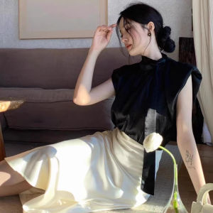 Summer New French Style Vest Lady Dark Gold Satin Short Loose Sleeveless Top Fashionable Commute Slim Fit round Neck Shirt