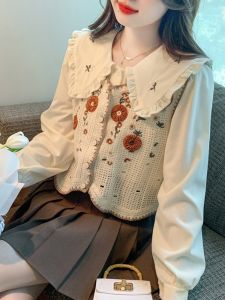 Fresh Style Womens Corduroy Shirt Spring Autumn New Design Layering Vest Two-Piece Set Top Korean Loose Fit Long Sleeve