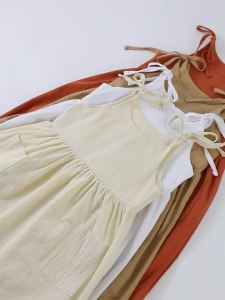 Váy Liền Thân Cotton Kaki Không Tay Có Dây Lưng Cho Bé Gái Váy Xòe Thời Trang Cho Bé Gái Mặc Mùa Hè