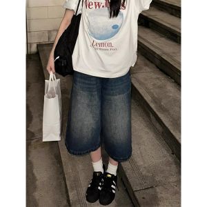 Retro American High Street Washed Loose Straight Leg Short Jeans Women Summer Thin Wide Leg Seven-Foot Pants Casual Style