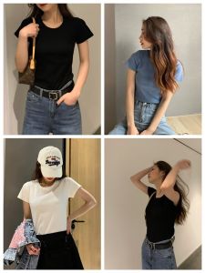 เสื้อยืดคอกลมแขนสั้นพื้นฐานสำหรับผู้หญิง ฤดูใบไม้ผลิและฤดูร้อน 2021 เสื้อตัวบนสีพื้น INS เสื้อผ้าทำงานแบบตรง