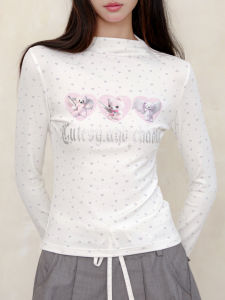 KiraYura Original Bear Sparkle Letter Print Long Sleeve Slim Fit T-Shirt Full Print Polka Dot Star Design Cotton Spandex