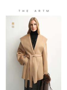 Belted Robe-Style Hooded Camel Hair Coat with Satin Panels and Flared Sleeves Winter