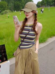YUEZHONGWEI | Color Block Stripes Icy Silk Cross-back Tank Top Slim Fit Crop Top