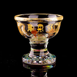 Buddhist Offering Bowl Crystal like Glass High Footed Transparent Eight Auspicious Objects Water Cup Display Piece Decoration
