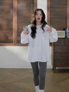 Zhang Beibei Womens Loose Casual Long Sleeve round Neck Base Shirt Versatile Basic White Tee Slimming Effect Layering Top