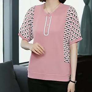 HUAXUNRAN | Loose & Slimming Summer Short Sleeve T-shirt for Middle-aged Women