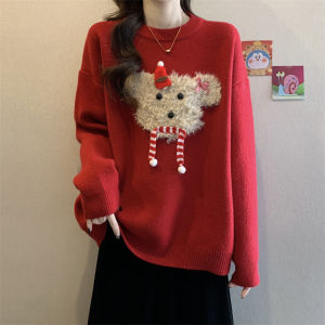 Christmas New Year Celebration Large Size Womens Knitted Sweater Red Cartoon Design Autumn Winter Slimming Sweet Top