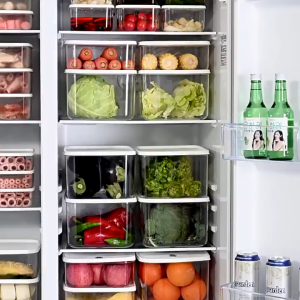 Multipurpose Food-Grade Transparent Refrigerator Organizer Food Preservation Storage Container with Drain Lid