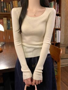 Áo Len Dệt Kim Dài Tay Ôm Vừa Vặn Thời Trang Thu Đông 2025 Áo Sơ Mi Nữ Cổ Tròn Tay Dài Màu Trơn Phong Cách Thiết Kế
