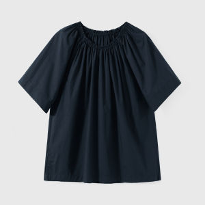 Indigo Elastic Collar Loose Cotton Shirt